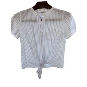 J.CREW Medium WOMEN'S WHITE STRIPED SHORT SLEEVE TIE-FRONT BUTTON-UP Band Collar